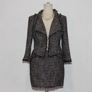 Bebe 2 Piece Plaid Tweed Fringed Hem Blazer & Skirt Suit Set